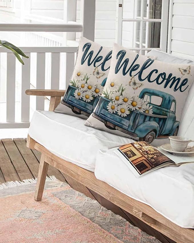 Outdoor Waterproof Throw Pillows Farm Blue Truck Daisy Flower Butterfly Patio Pillows,Decorative Pillow Covers with Insert,Pillow Cushion Case for Garden Couch Sofa Welcome Text on Burlap