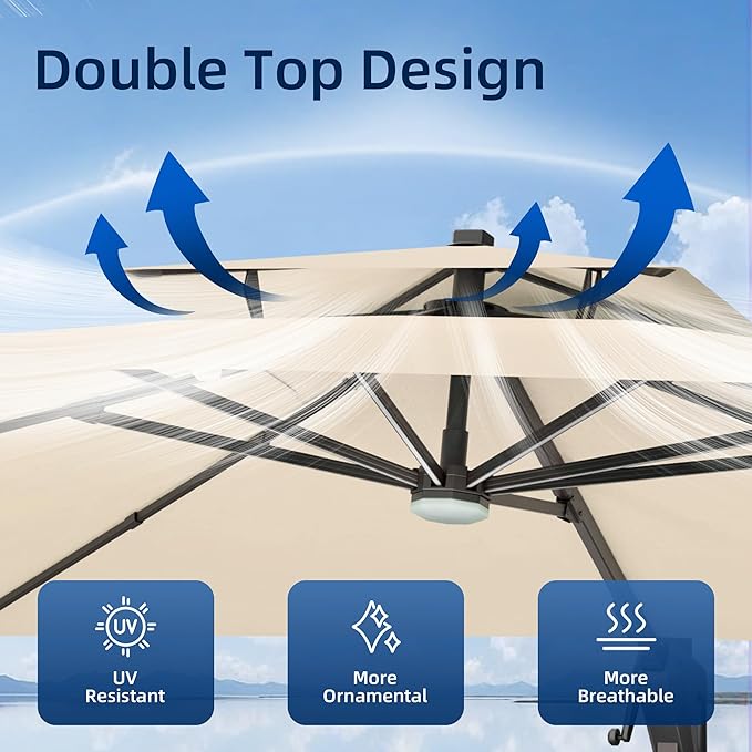 10x13 FT Patio Umbrella with Weighted Base and LED Lights Cantilever Outdoor Large Heavy Duty Rectangle Aluminum Offset Umbrellas Double Top 360 Rotation for Pool Deck Garden, Beige