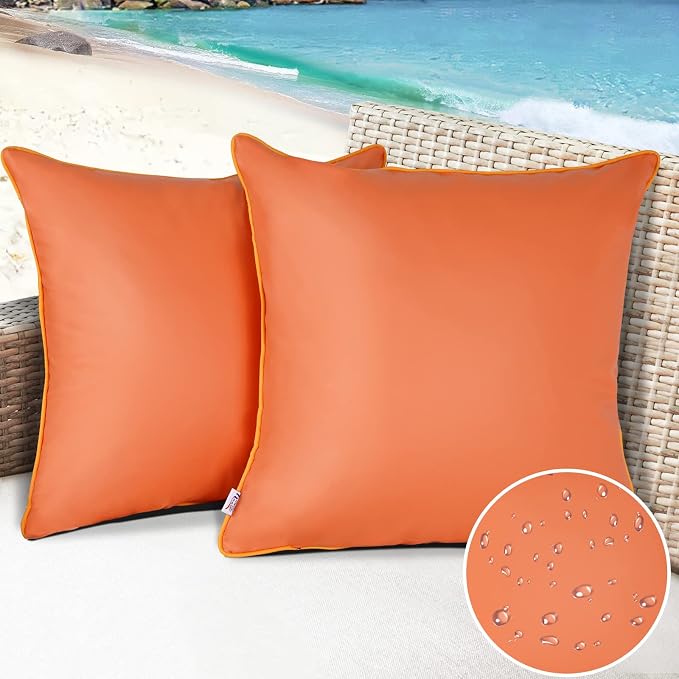 Pack of 2 Waterproof Silicone Leather Pillow Covers 16x16 Inches Fade-Resistant Durability Decorative Covers for Outdoor Garden Cushions Sunbrella Benches Patio Sofas Tents, Orange