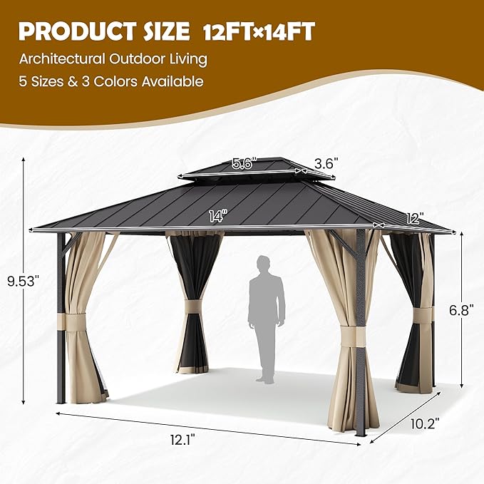 UDPATIO 12'x14' Hardtop Gazebo, Permanent Patio Pavilion with Breathable Netting and Privacy Curtain for Dining Party, Beige