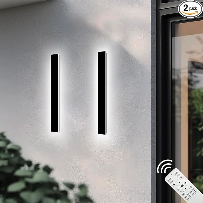 Modern Outdoor Wall Lights 2Pack 24Inch Dimmable Outdoor Wall Sconce | LED Outdoor Porch Lights Wall Mount Exterior Lighting Fixtures IP65 Waterproof Black Outside Wall Lights for House Garage