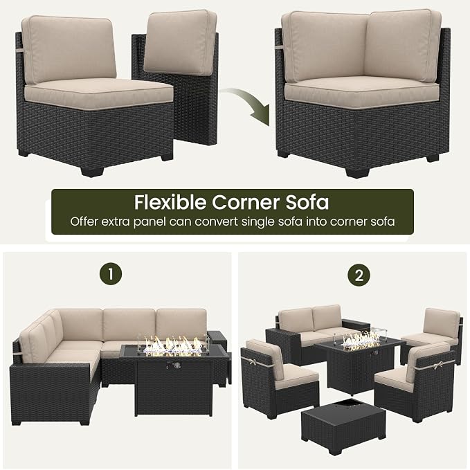 LayinSun 7 Pieces Outdoor Patio Furniture Set with 44" Fire Pit Table Rattan Sectional Sofa Conversation Sets