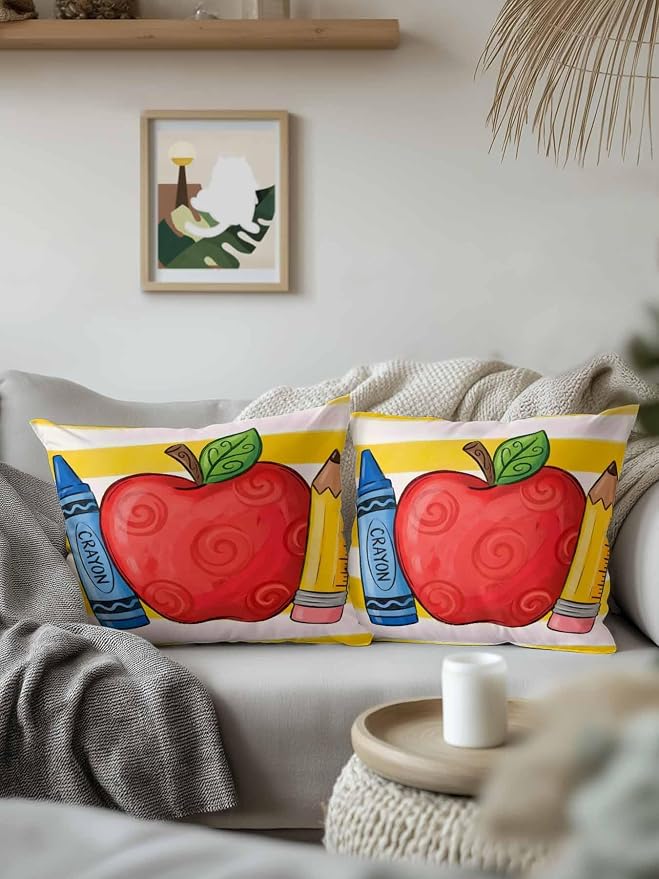 1 Pack Outdoor Throw Pillow, Children's Day Waterproof Pillow with Insert Included, Funny Cartoon Pencil Yellow Striped Decorative Accent Cushion Sofa Pillows for Patio Porch, 16 x 16 in