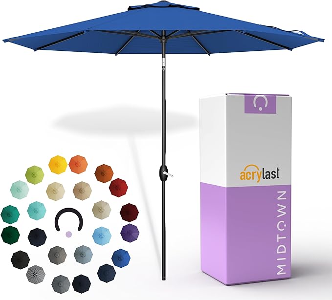Midtown Umbrellas – The Lean 9 Ft Patio Umbrella with 10-Year-No-Fade Acrylast Acrylic Fabric, Auto-Tilt and 8 Reinforced Ribs for Deck, Pool, Garden, Hotel & Cafes – Deep Atlantic Canopy, Black Pole