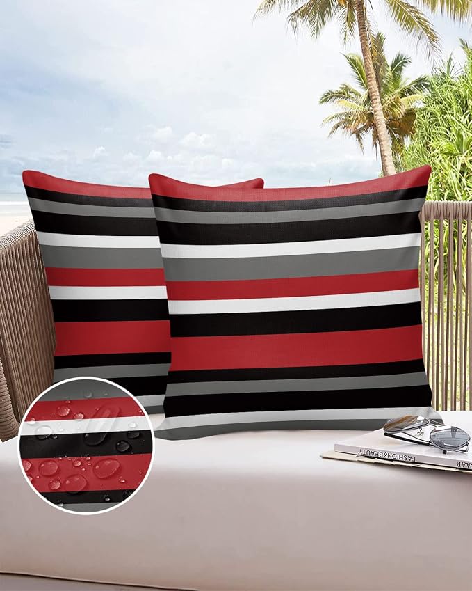 Vandarllin Outdoor Throw Pillows Covers 20X20 Set of 2 Waterproof Simple Stripe Decorative Zippered Lumbar Cushion Covers for Patio Furniture, Red and Black Geometric Pattern