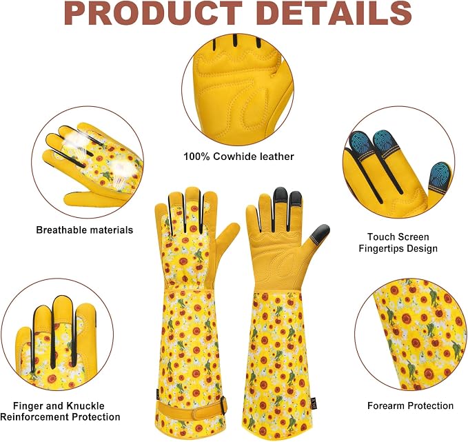 DLY Garden Gloves for Women,Gardening Gloves,Garden Gift for Lady,Yellow,S | Thornproof Cowhide Palm, Foam-Padded Grip, Long Yellow Sunflower Print Cuff, 3-Finger Touchscreen, Pruning,Weeding Yard Work