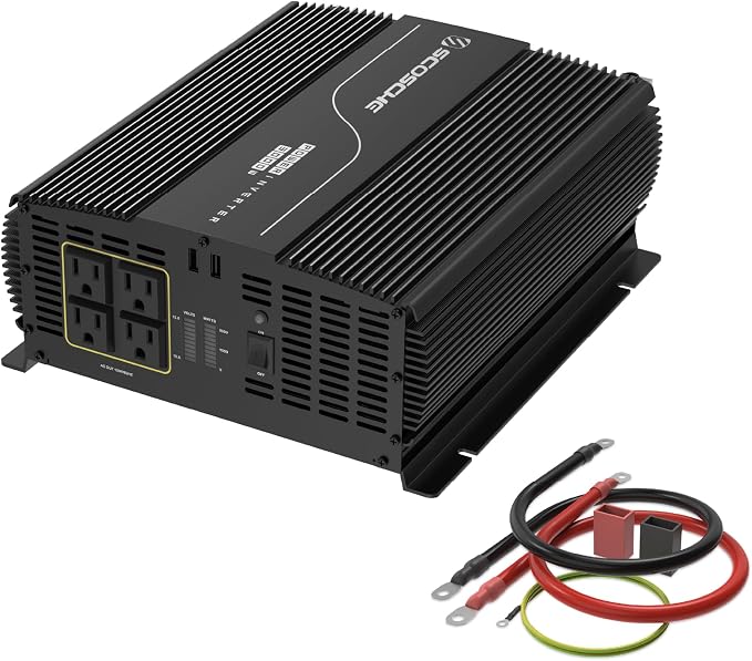 Scosche 3000W Modified Sine Wave Power Inverter, 12V DC to 120V AC Converter, 6000W Peak, 4 AC Outlets, Dual USB-A Ports, LED Indicator Light for Truck, RV, Semi-Truck, Home, Off-Grid Battery Systems