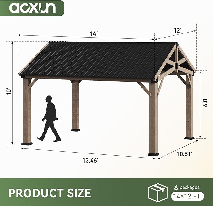 Aoxun 12' x 14' Outdoor Wood Gazebo, Hardtop Gazebo Permanent Wooden Pavilion with Galvanized Steel Gable Roof, for Patio, Garden, Deck, Cedar Wood