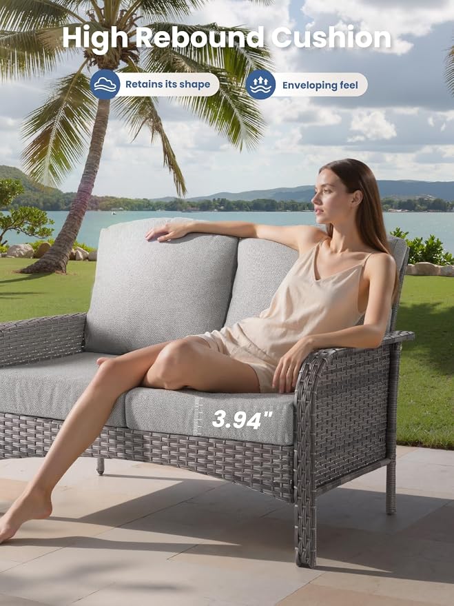 5-Piece Outdoor Patio Furniture Set with Swivel Chairs, Outdoor Conversation Wicker Sofa with Coffee Table, Rattan Couch for Deck Yard Poolside, Dark Grey