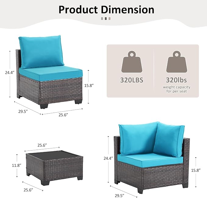 ANJ 7 Piece Outdoor Wicker Patio Furniture Set, Modular Loveseat Sofa with with Glass Top Coffee Table, All-Weather Rattan Conversation Couch Set for Balcony, Backyard, Dark Brown Wicker-Turquoise