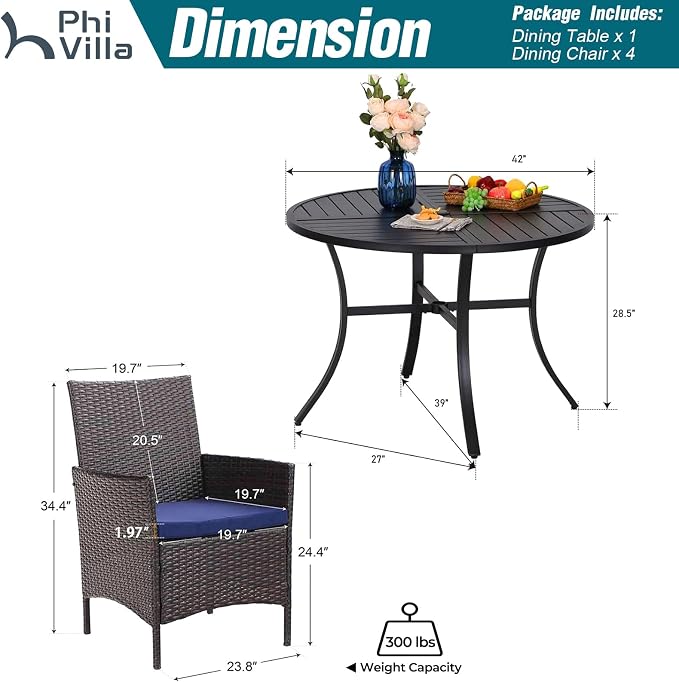 PHI VILLA 5 Piece Outdoor Round Dining Table Set for 4, 42” Metal Dining Table with Umbrella Hole & 4 Cushioned Wicker Chairs for Patio, Deck, Yard, Porch