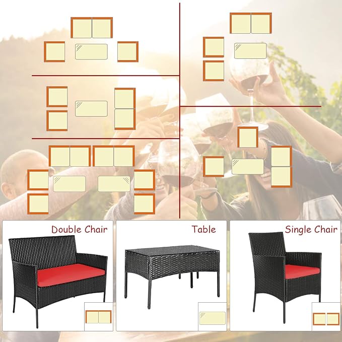 Tangkula 8 Piece Patio Furniture Set, Outdoor Wicker Conversation Set with Tempered Glass Coffee Table, Rattan Loveseat & Chairs Set with Seat Cushions for Backyard, Garden, Poolside (2, Red)