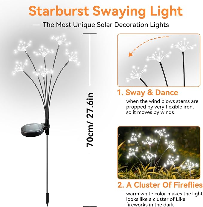 Solar Garden Lights 2 Pack Waterproof Solar Swaying Starburst Light Outdoor Lights for Yard Patio Walkway Pathway Party Wedding Christmas Decoration, White