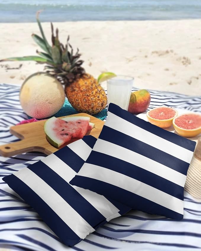 Outdoor Pillows Navy Blue White Stripes Waterproof Outdoor Pillow Covers Geometric Simple Summer Polyester Throw Pillow Covers Garden Cushion Decorative Case for Patio Couch Decoration Set of 2
