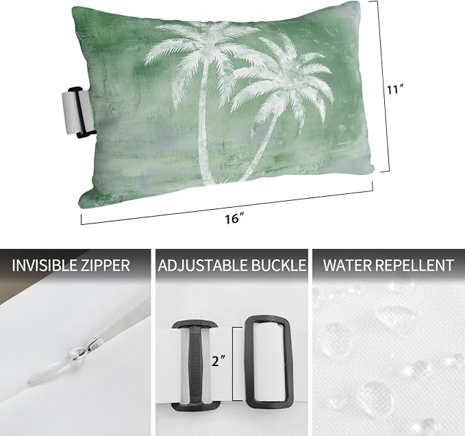 Palm Trees Tropical Outdoor Pillows for Chaise Lounge Chair Beach Headrest Pillow Set of 2 Waterproof Lumbar Pillows with Insert&Strap Shabby Green Summer Coastal Recliner Pool Pillow 11"x16"