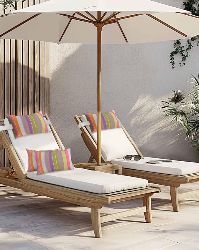 Outdoor Lumbar Pillows with Strap & Insert Colorful Stripes Lines Recliner Head Pillow Pack of 2 Classic Vertical Striped Waterproof Headrest Patio Lounge Chair Pillows for Beach Office 12x20 Inch