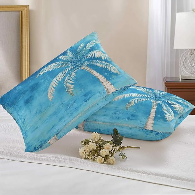 Coastal Beach Tree Blue Outdoor Waterproof Pillow Covers, Vintage Summer Palm Tropical Botanical Decorative Rectangle Throw Pillowcase Sofa Cushion Sham for Patio/Couch/Chair, 20"x12" 2 Pack