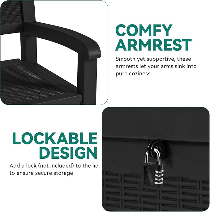 YITAHOME 70 Gallon Deck Bench with Storage, Outdoor Storage Box Bench with Armrests for Patio Garden Pool Porch, Waterproof&Lockable, Black