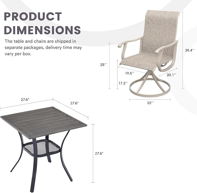 3 Pieces Patio Furniture Dining Set, 2 Textilene Swivel Dining Chairs, 28" Outdoor Square Metal Table with Storage Shelf, Outdoor Dining Set for Porch, Lawn, Garden, Grey/Sand