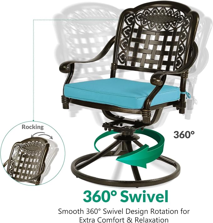 VIVIJASON 7-Piece Outdoor Furniture Dining Set, All-Weather Cast Aluminum Patio Conversation Set, Include 6 Swivel Dining Chairs and a Rectangle Table with Umbrella Hole, Ocean Blue Cushion