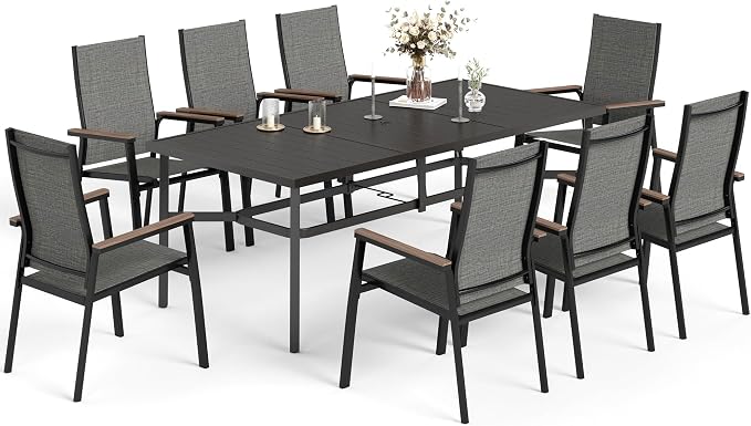 MFSTUDIO 9 PCS Patio Dining Set, Rectangular Metal Table & Aluminum Chairs | Stackbale chairs, Light-weight & space-saving, Rectangular Table, Umbrella Hole, Patio deck, 8 person