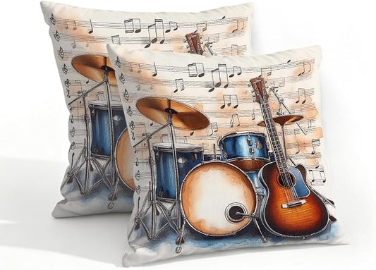 18x18 Inch Outdoor Pillow Covers Set of 2 Waterproof Throw Pillow Covers Decorative Couch Cushion Covers Music Guitar Drum Stand Square Pillowcases Protectors for Patio Garden Sofa