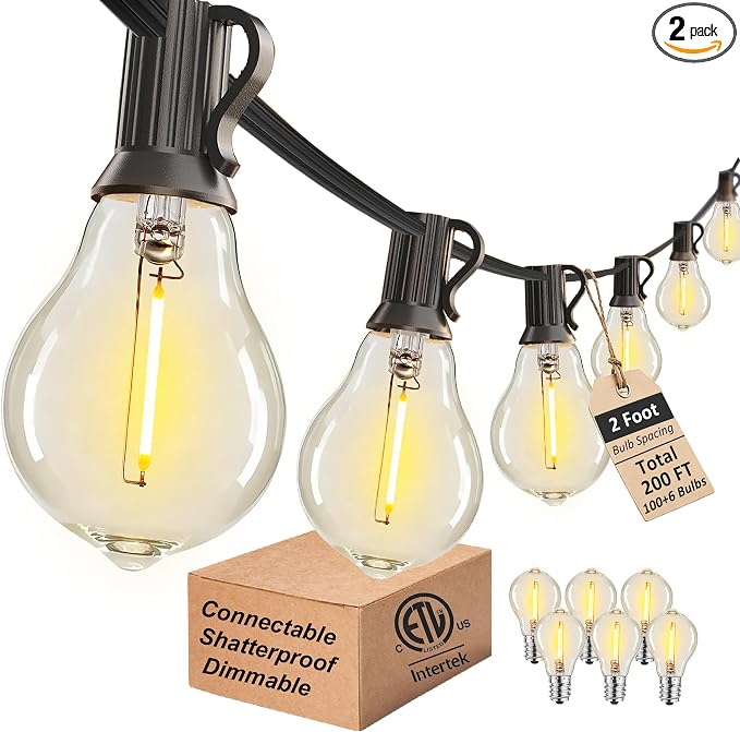 Outdoor String Lights 200FT Waterproof Patio Lights for Porch Backyard Yard | 2FT Bulbs Apart,200FT Connectable Outside Lighting with 100+6 Shatterproof Dimmable Edison LED Bulbs for Garden Balcony Party