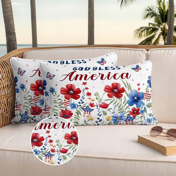 God Bless USA Outdoor Waterproof Throw Pillow Covers Set of 2, 20"x12", Red Blue Daisy Butterfly Independence Day Decorative Pillow Covers Outside Cushion Case for Patio Porch Garden