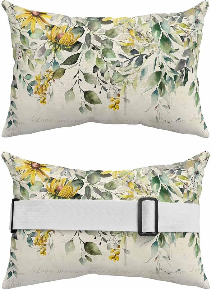 Lumbar Pillow Covers Set of 4, Yellow White Daisy Waterproof Outdoor Chaise Lounge Pillow Covers with Elastic Strap, Eucalyptus Leaves Spring Botanical Vintage Headrest Pillowcase for Patio, 12 x 20