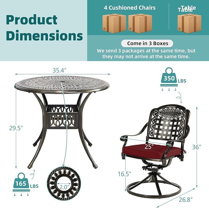 MEETWARM 5-Piece Outdoor Patio Dining Set, All-Weather Cast Aluminum Patio Conversation Set with 4 Cushions Swivel Rocker Chairs for Backyard Garden Deck and 35.4" Round Table, Chili Red
