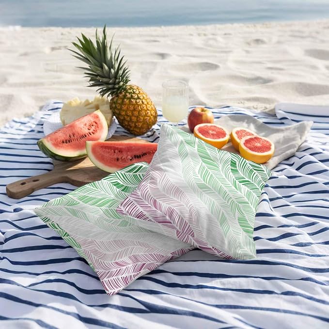 Vandarllin Outdoor Throw Pillows Covers 18x18 inch Set of 2 Waterproof Summer Beach Decorative Zippered Cushion Covers for Patio Furniture, Ombre Green Abstract Leaf Lines Lumbar Pillowcases