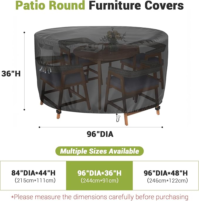 Extra Large 96 Inch Round Patio Furniture Cover, Heavy Duty Waterproof Outdoor Cover for Sectional Sofa, Bar Height Table Sets (Black, 96"DIAx36"H)