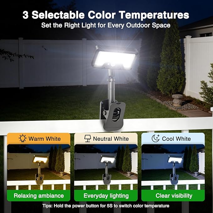 iMaihom Clip On Solar Lights Outdoor with Motion Sensor, 92 LED 600LM Solar Fence Lights, Warm/Neutral/Cool White, 360° Adjustable, IP65 Waterproof Security Light for Deck, Gutter, Porch (2, Black)