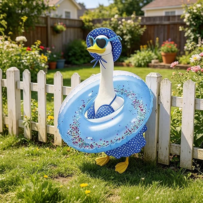 Hawaiian Porch Goose Outfits with Hat Sunglasses & Swim Ring, Summer Bikini Goose Swimsuit Clothes Costume Fits 23" Cement Geese Statue, Summer Garden Lawn Patio Yard Outdoor Decor (Summer style-Blue)