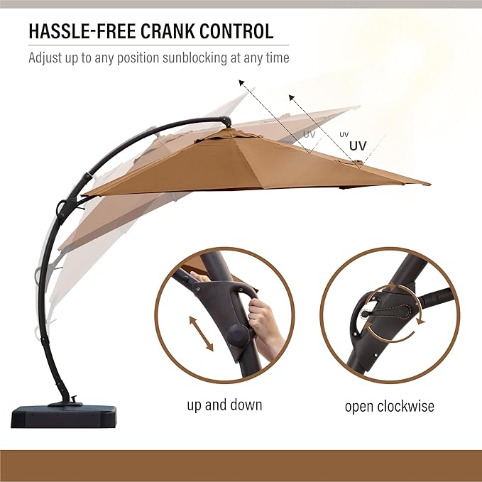 LAUSAINT HOME 12ft Patio Cantilever Umbrella with Base Included, Outdoor Curvy Round Offset Umbrella, Heavy Duty Aluminum, 360° Rotation for Pool, Deck, Lawn, Backyard (Tan)