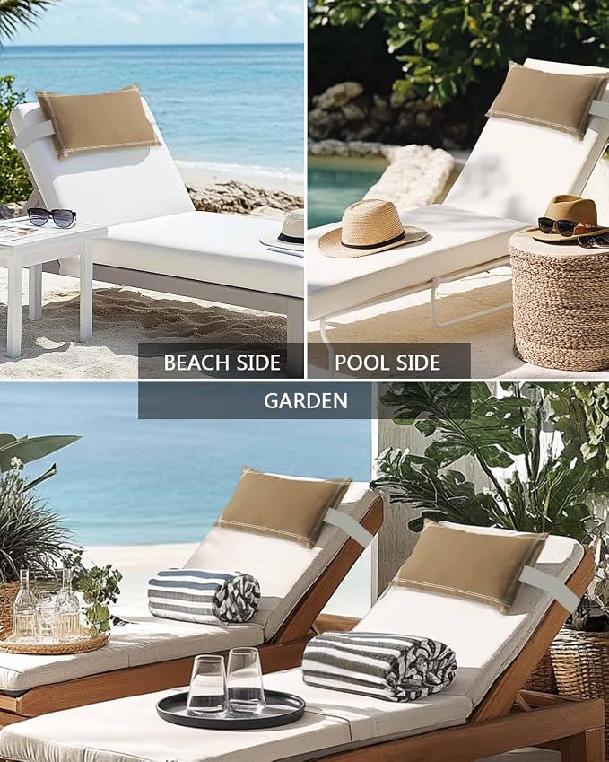 Outdoor Pillow for Lounge Chair with Strap & Insert Solid Color Recliner Head Pillow Khaki Farmhouse Vintage Waterproof Headrest Patio Lumbar Pillows for Beach Pool Office Chaise Chair 11x16 Inch