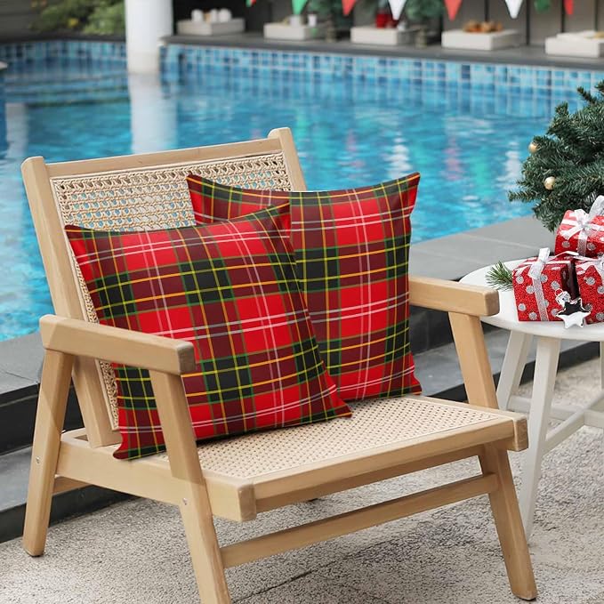 Outdoor Waterproof Throw Pillow Covers, Merry Christmas Red and Green Gingham Tartan Plaid Vintage Farmhouse Decor Pillowcases Cushion Covers Cases for Patio Couch Bench, Pack of 2 Square, 16X16 Inch