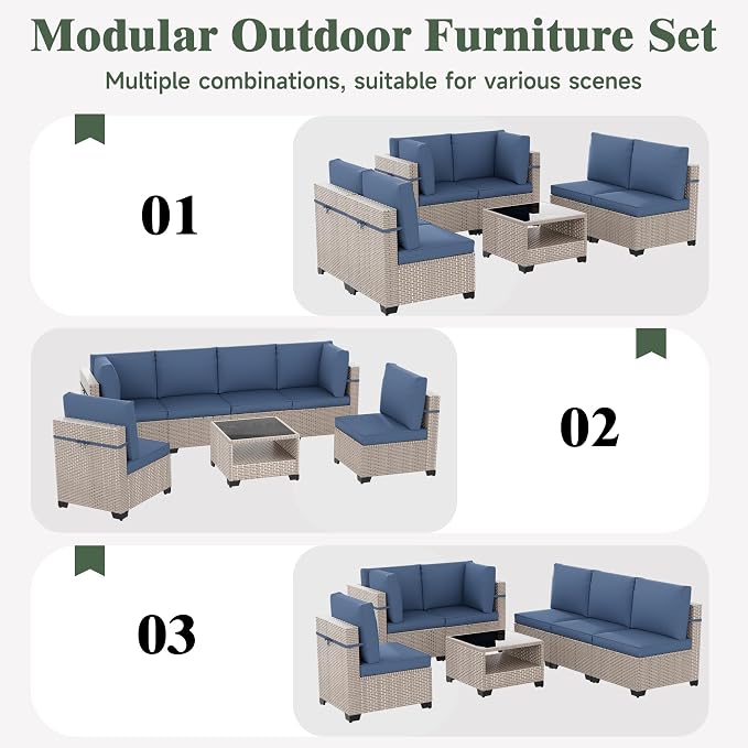 18 Pieces Patio Furniture Set with Fire Pit Table, Outdoor Sectional Wicker Sofa with Thick Cushions, High Back Swivel Rocker Patio Chairs, Rattan Conversation Set with Coffee Table, Navy