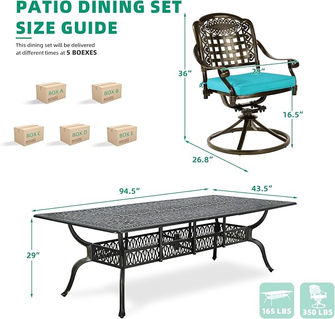 VIVIJASON 9-Piece Outdoor Dining Furniture Set, Cast Aluminum Patio Table & Chairs Set for 8, Include 94.5" Rectangular Dining Table and 8 Swivel Rocker Chairs with Umbrella Hole, Ocean Blue Cushion