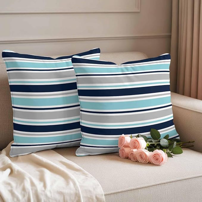 Grey Blue Striped Outdoor Pillow Cover 20x20 Inch Cushion Sham Case, Farmhouse Stripes Abstract Art Navy Blue Waterproof Decorative Square Throw Pillowcase for Outside Garden Patio Porch Couch Chair