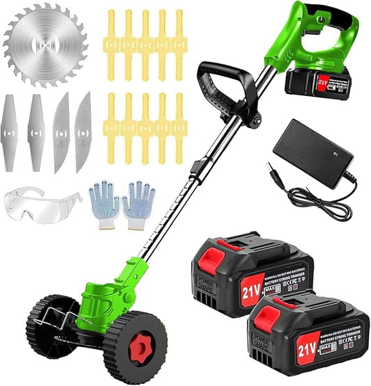 Electric Weed Wacker 21V Electric Weed Cordless Eater with 2pcs Batteries and 3 Types Blades&Auxiliary Wheel Weed Trimmer Lightweight 3 in 1 Stringless Grass Trimmer Edger/Brush Cutter for Lawn
