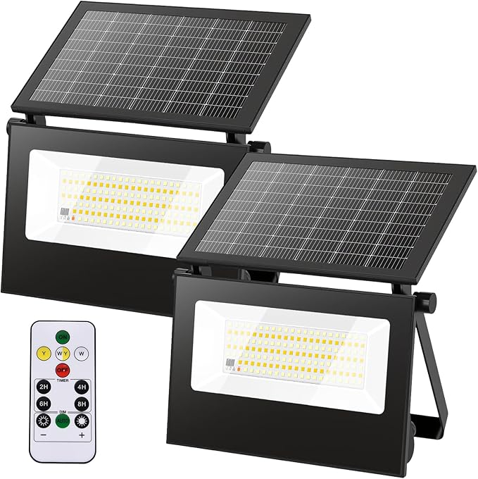 Solar Motion Sensor Lights Outdoor, IP66 Waterproof Security Floodlight with Remote, 3 Modes & Dual Color Temperatures for Patio, Garden, Garage - No Electricity Bill, 2 Pack