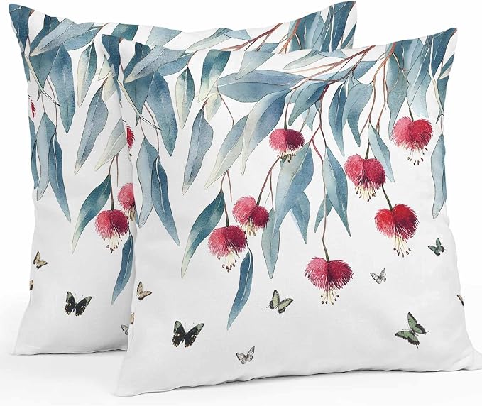 Botanical Leaves Waterproof Outdoor Pillow Covers Set of 2 Home Decor, Spring Floral Butterfly Pastoral Pillowcase Patio Pillow Covers for Couch Bench Furniture Garden 20x20in