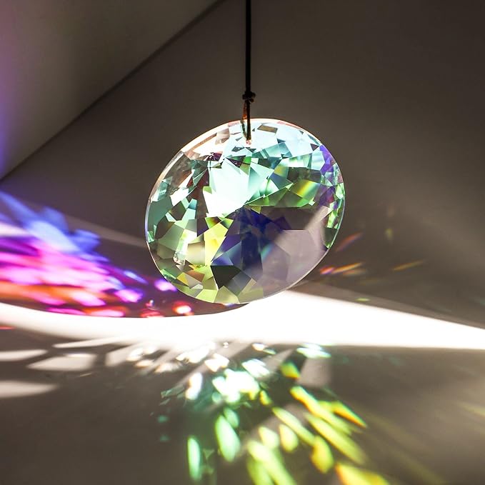 YU FENG 3 Inch Round Crystal Prism Suncatcher, AB Color Rainbow Maker | Faceted Crystal Pendant, Window Hanging Ornament, Chandelier Decor, Christmas Tree Decoration
