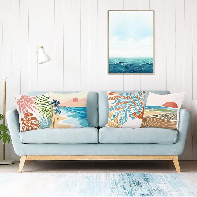 Bonhause Modern Tropical Hawaii Pillow Covers 16x16 Inch Set of 4 Outdoor Palm Leaves Decorative Pillows Case Soft Velvet Tropical Decoration for Patio Garden Bed Home Decor