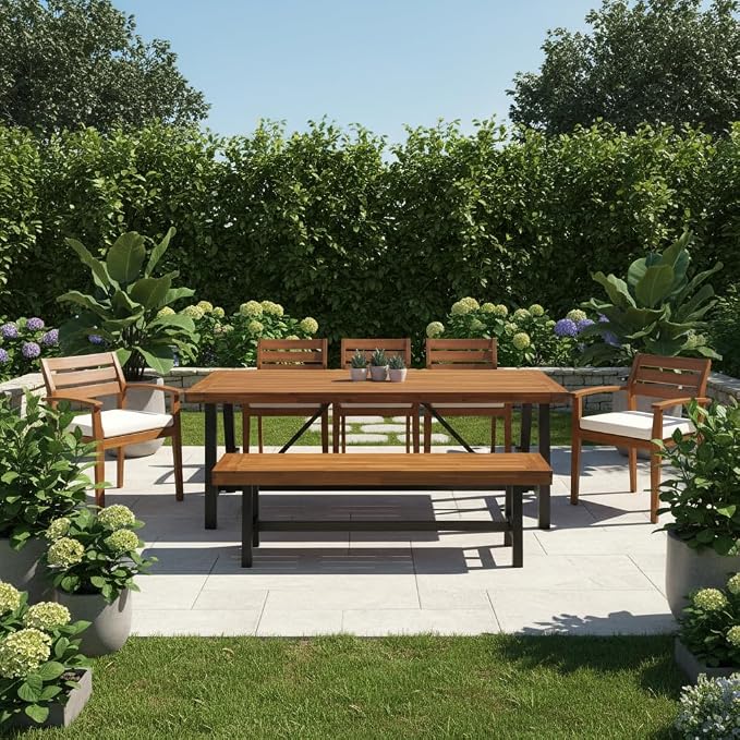 GDFStudio 7-Piece Acacia Wood Outdoor Dining Set for 7-8 Persons, Includes Table, Bench & Ergonomic Chairs with Removable Cushions, Adjustable Feet for Patio, Backyard, Porch or Deck, Natural Finish
