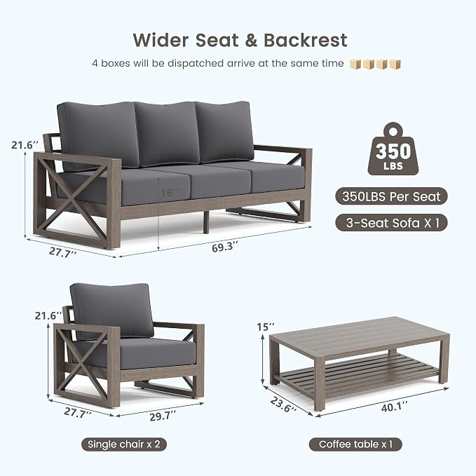 UDPATIO Aluminum Patio Furniture Set, Faux Wood Grain Modern Outdoor Furniture, 6" Cushions Metal Patio Conversation Sofa with Coffee Table for Poolside Deck, 8 PCS, Dark Grey(Include 600D Covers)