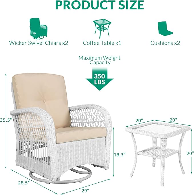 VIVIJASON 3-Piece Patio Conversation Bistro Set, Outdoor Swivel Glider Rocking Chairs Rattan Furniture Set w/ 2 Rattan Chairs, Glass Top Side Table for Porch Backyard, White - Beige