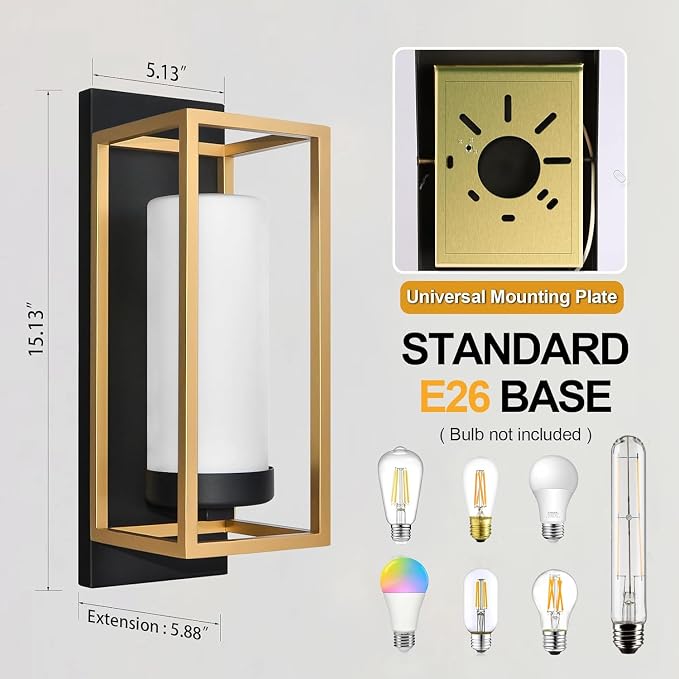 ALVIME Black and Gold Wall Sconce, Modern Outdoor Wall Lights, Hardwired Exterior Porch Light Fixtures, Waterproof Front Door Lighting with E26 Base for House Garage Patio