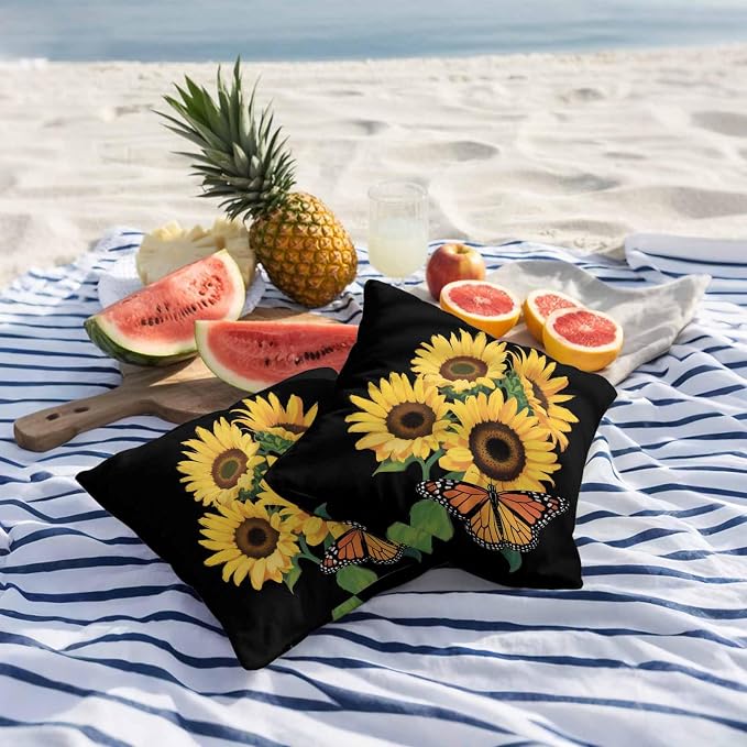 Outdoor Waterproof Throw Pillow Covers Set of 2 Watercolor Sunflower Pillowcases 20x20 Inches Summer Floral Butterfly Decorative Pillows Cushion Case Patio Pillows for Couch Bed Chair Garden